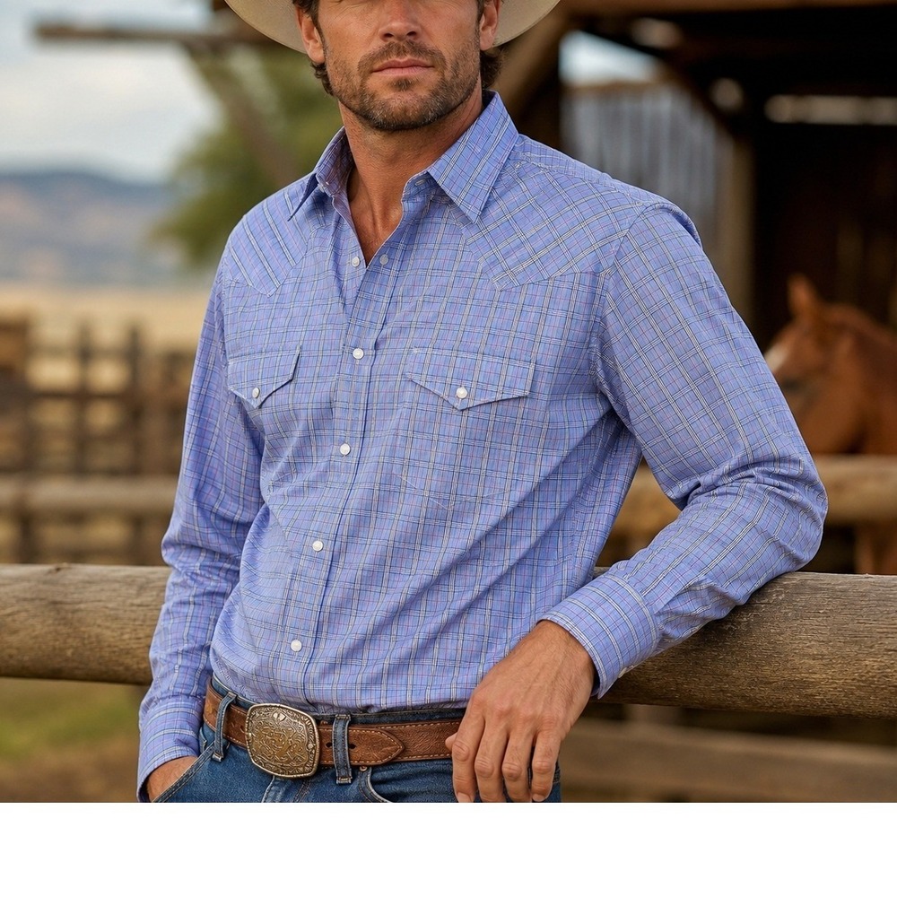 NWOT Panhandle Men's Size Large Blue Plaid Western Pearl Snap Long Sleeve Shirt